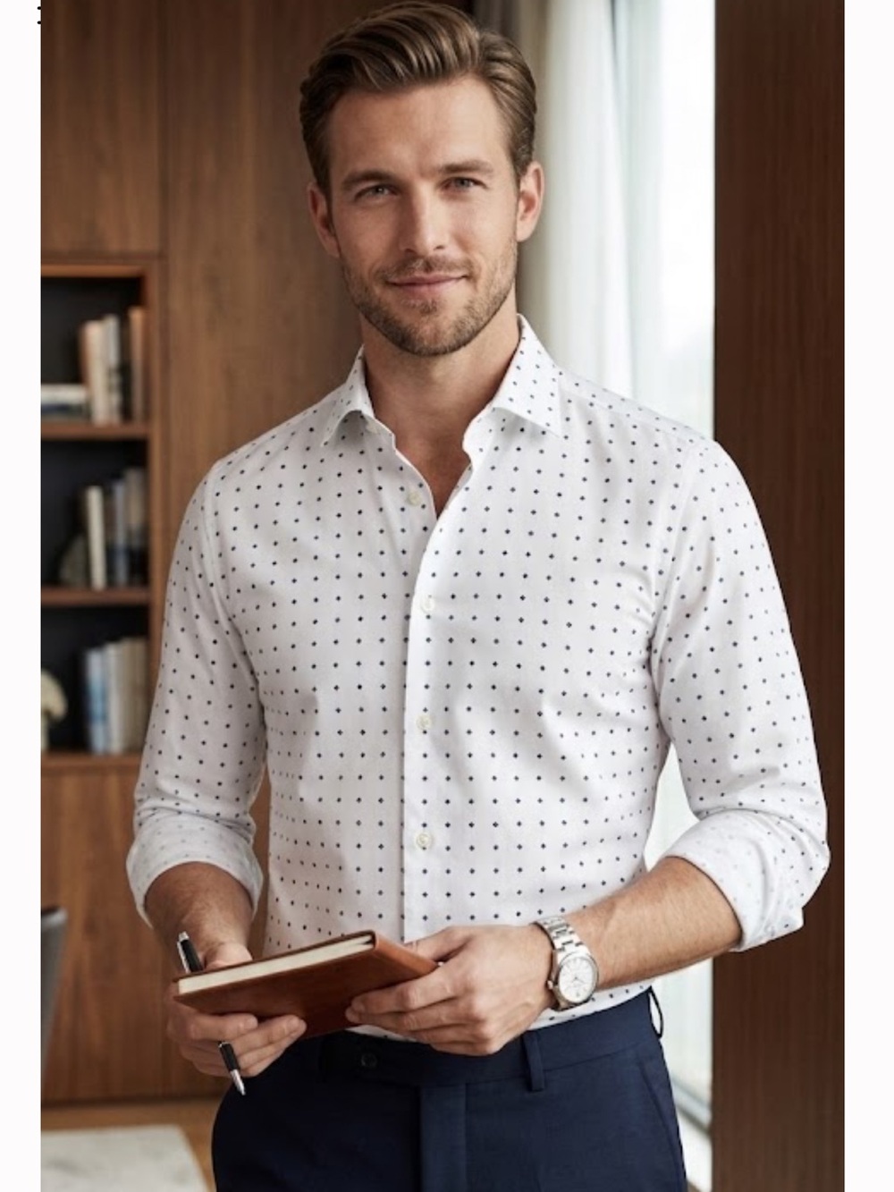 Hugo Boss White Dress Shirt with Navy Dot Print